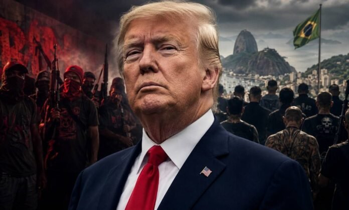CV e PCC como terroristas em decisão dos Estados Unidos Donald Trump em destaque com grupos criminosos ao fundo em composição sobre CV e PCC como terroristas