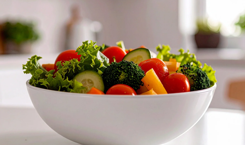 Salada colorida com legumes e verduras em tigela branca como parte de alimentação equilibrada para queimar gordura em casa