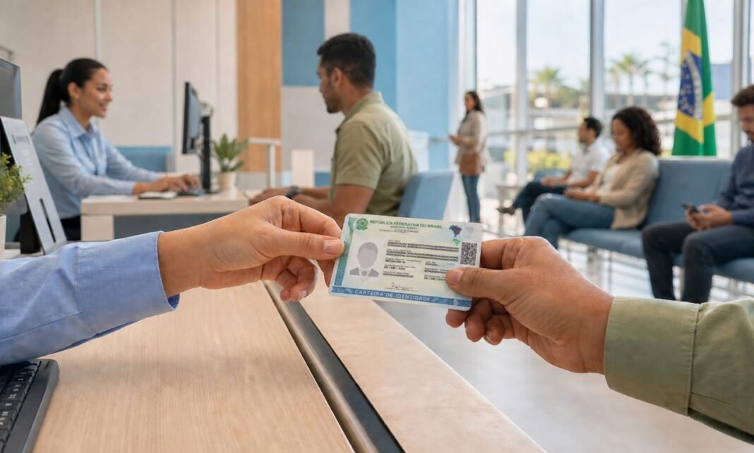 Carteira de Identidade Nacional sendo entregue em atendimento público em Rondônia