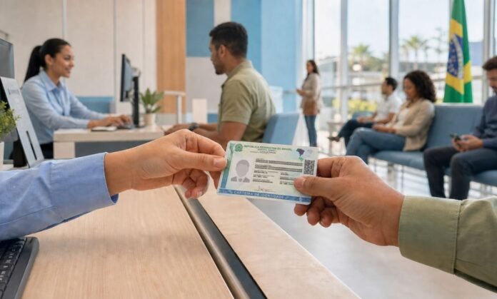 Carteira de Identidade Nacional em atendimento público Carteira de Identidade Nacional sendo entregue em atendimento público em Rondônia
