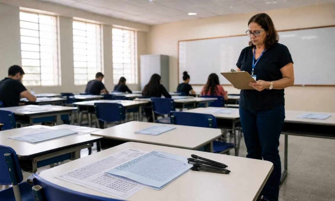 Certificadores do Enem 2026 acompanham sala de prova organizada com cartões de resposta e canetas sobre as mesas