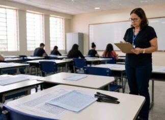 Enem 2026 abre inscrições para certificadores com diária de até R$ 864 Certificadores do Enem 2026 acompanham sala de prova organizada com cartões de resposta e canetas sobre as mesas