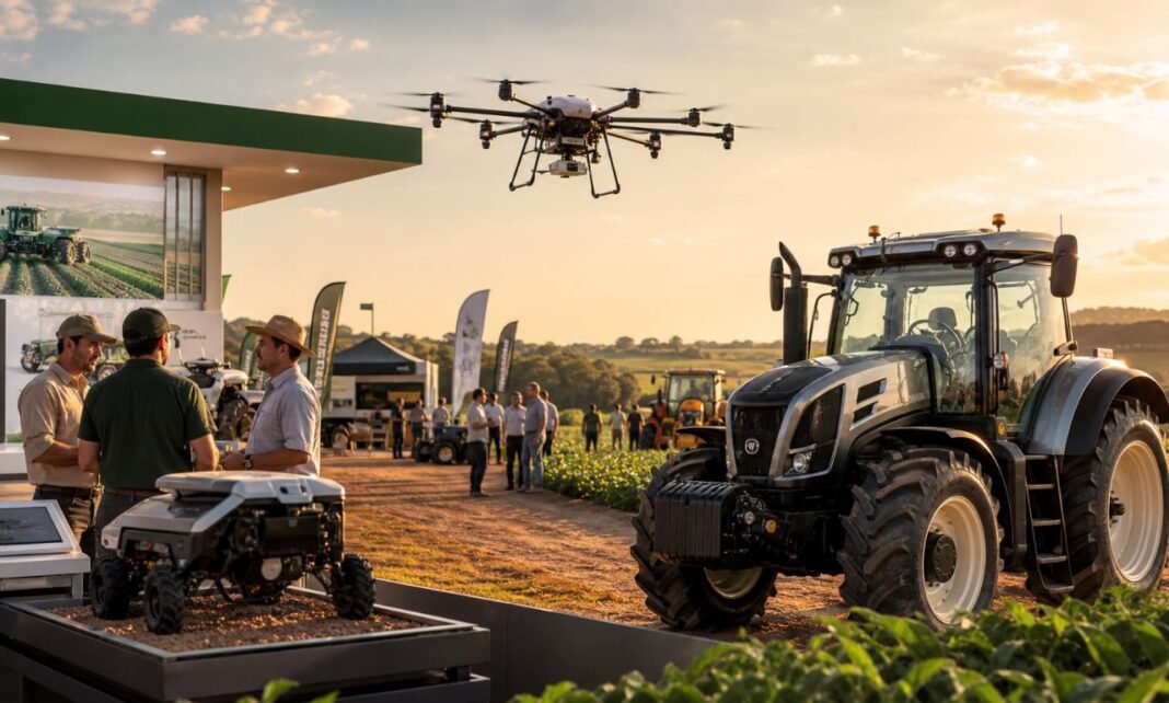 China em feiras agrícolas com drones e máquinas modernas no agro brasileiro