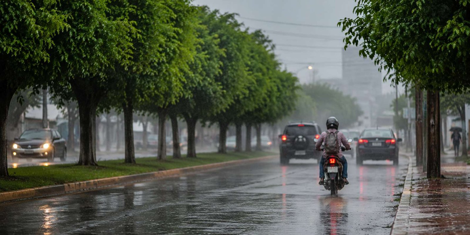 Chuva em Rondônia com avenida molhada, veículos no trânsito e cenário de tempo instável
