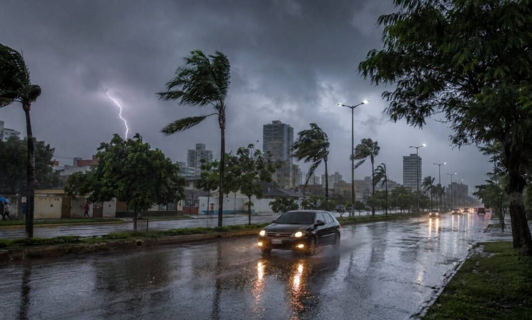 Chuvas intensas em Rondônia deixam avenida molhada durante alerta meteorológico