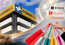 Fim da taxa das blusinhas pode abrir novo fôlego aos Correios Montagem editorial mostra prédio dos Correios, caixas de encomendas e compras internacionais ligadas ao comércio eletrônico.