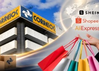Fim da taxa das blusinhas pode abrir novo fôlego aos Correios Montagem editorial mostra prédio dos Correios, caixas de encomendas e compras internacionais ligadas ao comércio eletrônico.