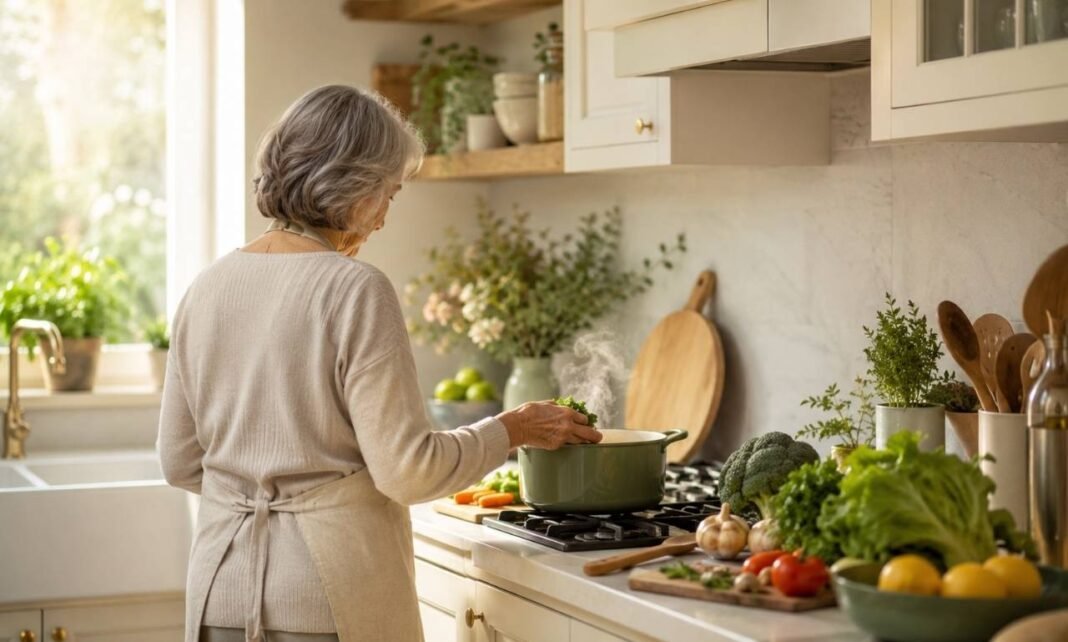 Idosa preparando refeição caseira em cozinha clara, imagem sobre estudo que mostra que cozinhar reduz risco de demência em idosos