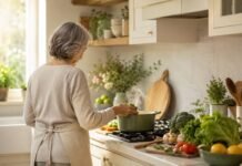 Cozinhar em casa pode proteger o cérebro de idosos, aponta estudo Idosa preparando refeição caseira em cozinha clara, imagem sobre estudo que mostra que cozinhar reduz risco de demência em idosos
