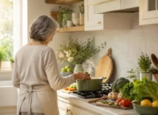 Cozinhar em casa pode proteger o cérebro de idosos, aponta estudo Idosa preparando refeição caseira em cozinha clara, imagem sobre estudo que mostra que cozinhar reduz risco de demência em idosos