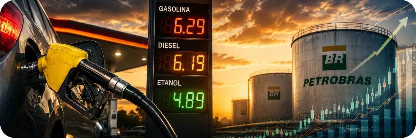 Painel de preços de combustíveis e bomba de gasolina em imagem sobre pressão da Petrobras e defasagem nos combustíveis