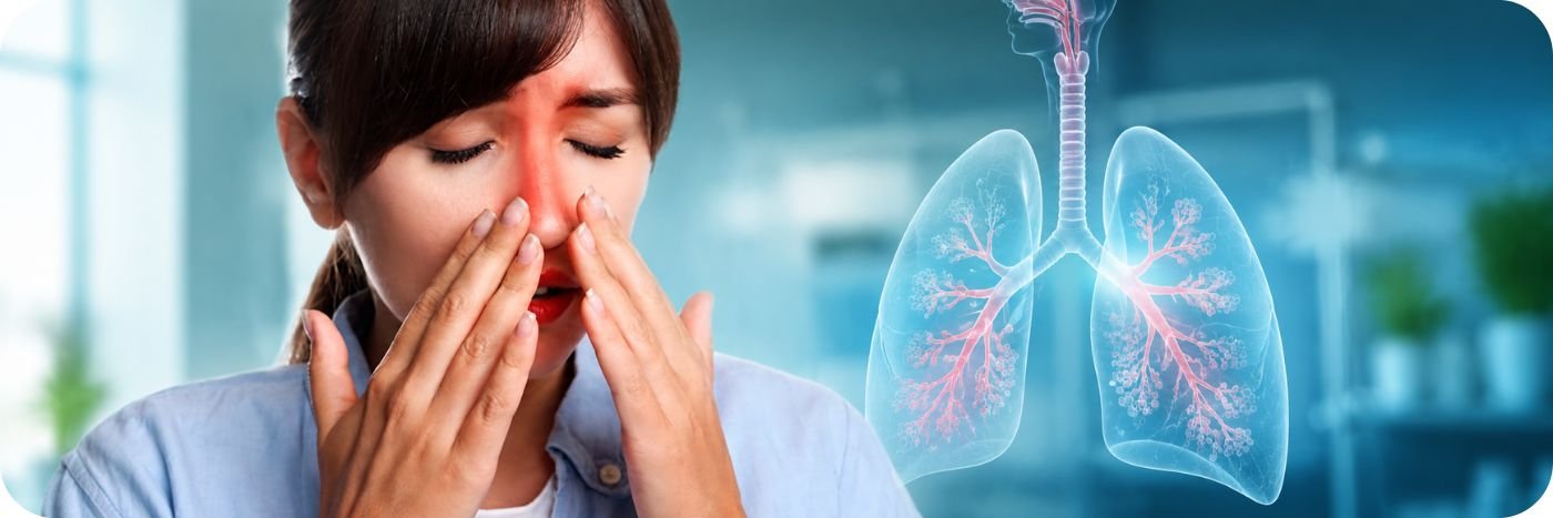 Mulher com dor na região nasal e ilustração dos pulmões representa doenças respiratórias relacionadas a medicamento aprovado pela Anvisa