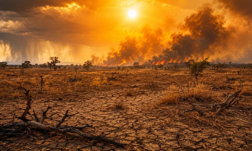 Paisagem seca com fumaça de incêndio ao fundo representa risco de calor extremo e queimadas com El Niño em 2026.