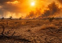 El Niño pode agravar calor extremo e elevar risco de incêndios em 2026 Paisagem seca com fumaça de incêndio ao fundo representa risco de calor extremo e queimadas com El Niño em 2026.