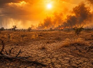El Niño pode agravar calor extremo e elevar risco de incêndios em 2026 Paisagem seca com fumaça de incêndio ao fundo representa risco de calor extremo e queimadas com El Niño em 2026.