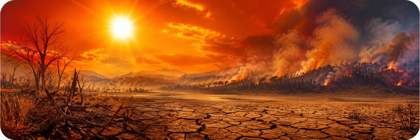Paisagem seca com sol intenso, solo rachado e fumaça de incêndio ao fundo simboliza calor extremo em 2026.