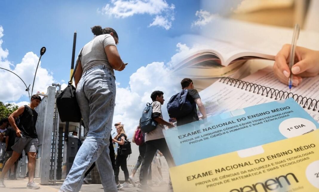 Estudantes chegando para prova com cadernos do Enem 2026 e material de estudo em composição editorial sobre educação