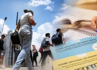 Inscrições do Enem 2026 começam dia 25 com provas marcadas para novembro Estudantes chegando para prova com cadernos do Enem 2026 e material de estudo em composição editorial sobre educação