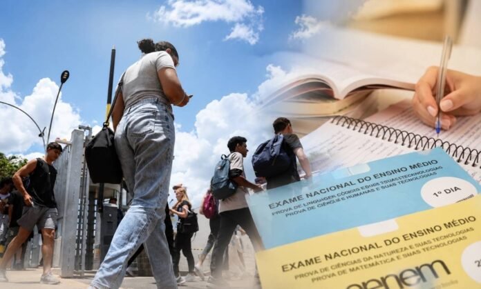 Enem 2026 reúne estudantes e provas em composição sobre educação Estudantes chegando para prova com cadernos do Enem 2026 e material de estudo em composição editorial sobre educação