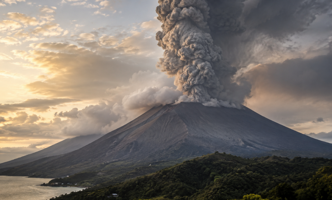 Erupção do Monte Dukono na Indonésia com grande coluna de fumaça e cinzas