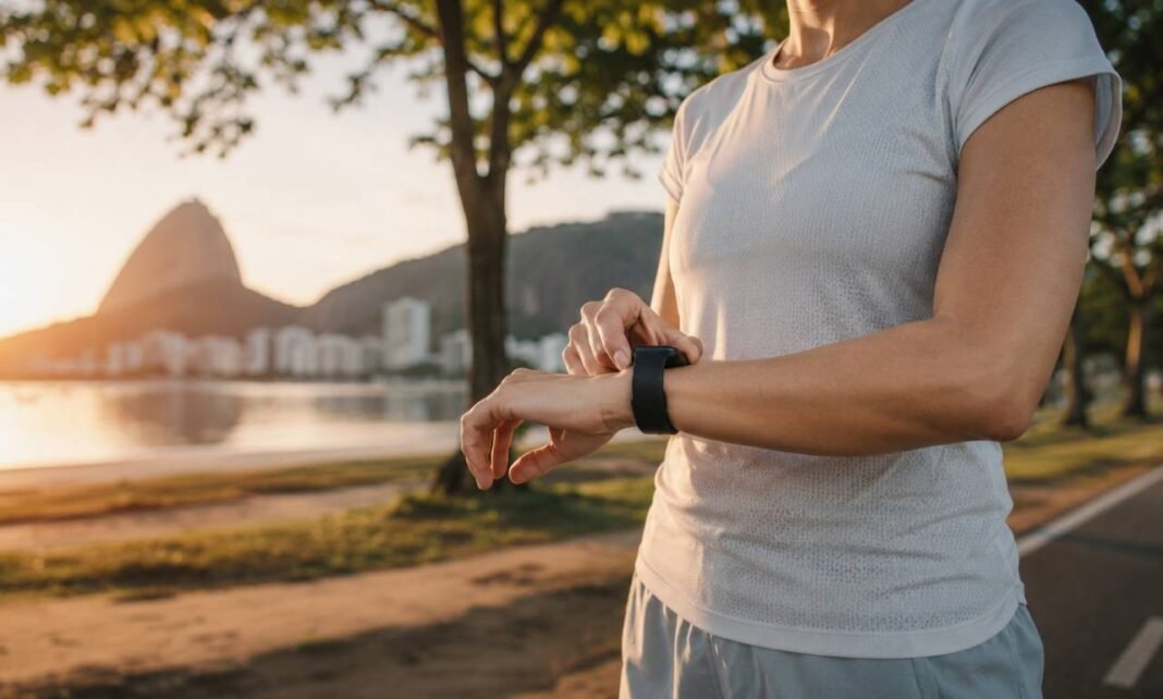 Pessoa em roupa de treino olhando relógio esportivo em parque urbano brasileiro, ilustrando exercício no horário certo e saúde do coração.