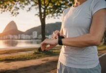 Estudo indica que horário do treino pode ampliar ganhos para o coração Pessoa em roupa de treino olhando relógio esportivo em parque urbano brasileiro, ilustrando exercício no horário certo e saúde do coração.