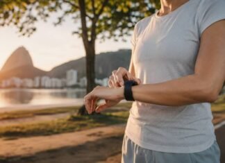 Estudo indica que horário do treino pode ampliar ganhos para o coração Pessoa em roupa de treino olhando relógio esportivo em parque urbano brasileiro, ilustrando exercício no horário certo e saúde do coração.