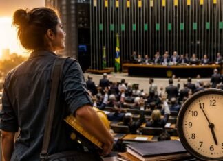 Texto sobre escala 6×1 avança na Câmara com transição de até 14 meses Trabalhadora observa votação na Câmara sobre o fim da escala 6x1
