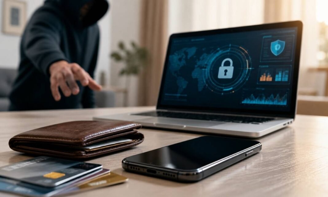 Celular sobre mesa com carteira, cartões bancários e notebook ao fundo sugerindo furto de celular e crimes virtuais