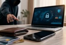 Nova lei endurece penas para crimes virtuais e roubos Celular sobre mesa com carteira, cartões bancários e notebook ao fundo sugerindo furto de celular e crimes virtuais