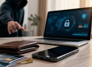 Nova lei endurece penas para crimes virtuais e roubos Celular sobre mesa com carteira, cartões bancários e notebook ao fundo sugerindo furto de celular e crimes virtuais