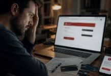 Governo alerta para site falso que cobra taxas no Desenrola 2.0 Pessoa preocupada diante de notebook e celular com alerta de Pix suspeito em golpe do Desenrola 2.0