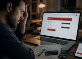 Governo alerta para site falso que cobra taxas no Desenrola 2.0 Pessoa preocupada diante de notebook e celular com alerta de Pix suspeito em golpe do Desenrola 2.0