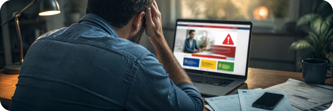 Pessoa preocupada diante de notebook com alerta de site falso em golpe do Desenrola 2.0