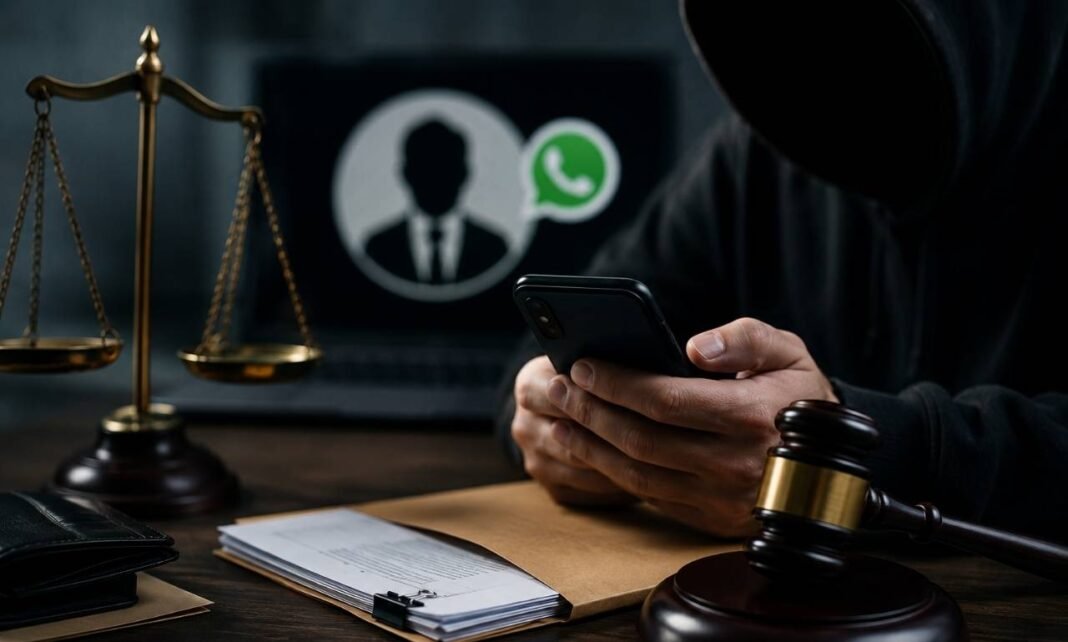 Pessoa encapuzada usando celular em mesa com símbolos da Justiça para representar golpe do falso advogado em Rondônia