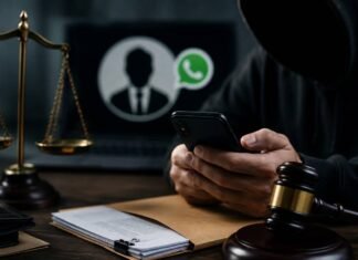 Golpe do falso advogado cresce em Rondônia e usa dados reais para enganar vítimas Pessoa encapuzada usando celular em mesa com símbolos da Justiça para representar golpe do falso advogado em Rondônia