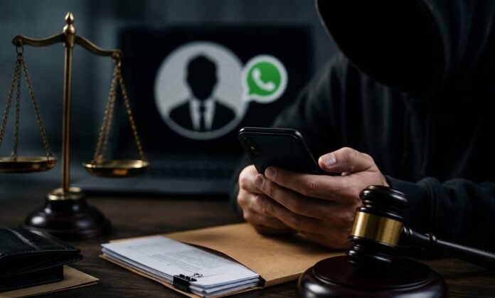 Pessoa encapuzada usando celular em mesa com símbolos da Justiça para representar golpe do falso advogado em Rondônia