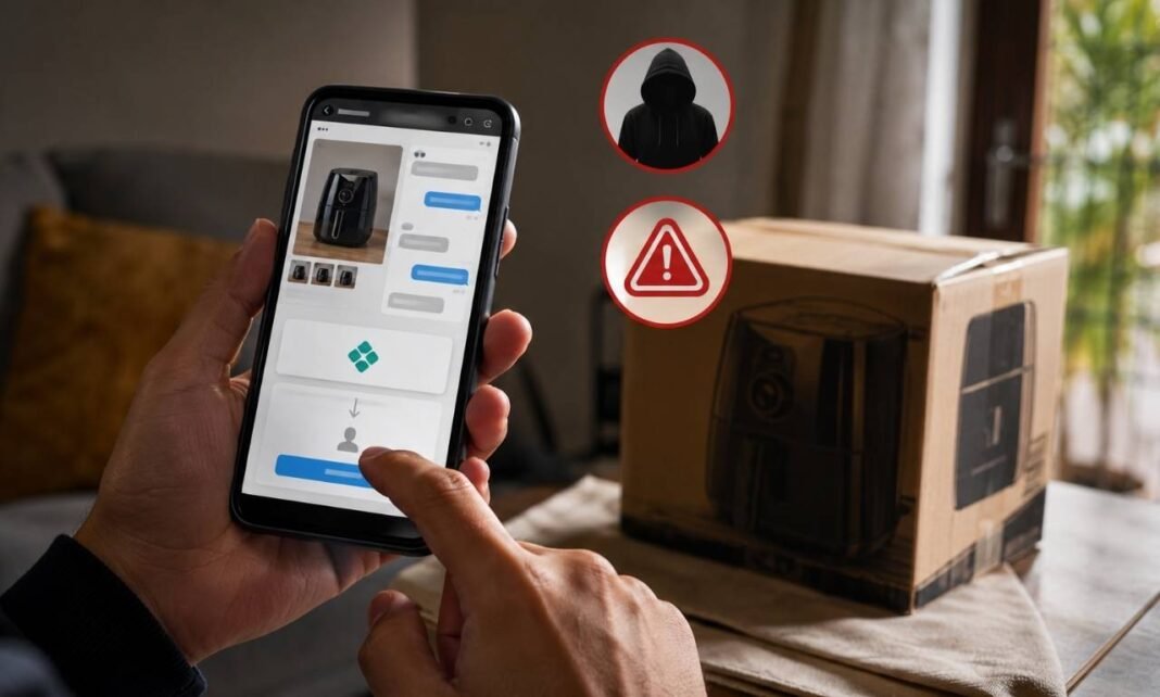 Pessoa usando celular em alerta sobre golpe do intermediário no Marketplace em Rondônia