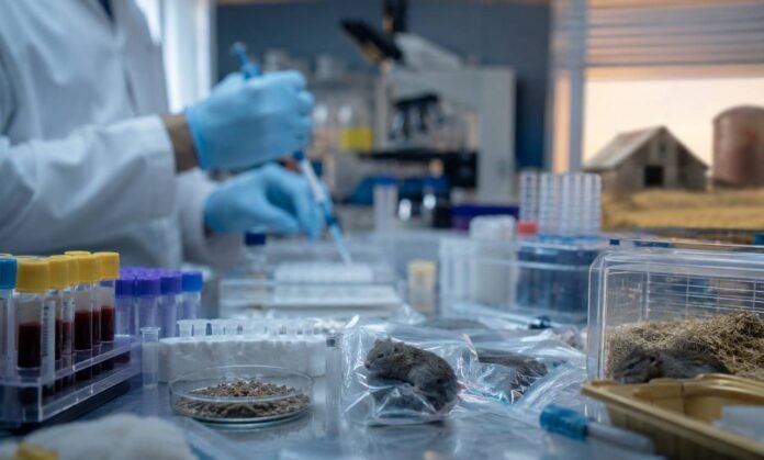 Hantavírus em Minas Gerais em análise laboratorial Laboratório de saúde pública com amostras biológicas e profissional de saúde durante análise relacionada ao hantavírus em Minas Gerais