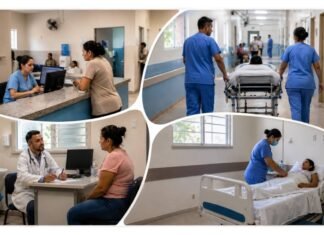 Hospital Municipal deve ampliar atendimento e fortalecer o SUS em Porto Velho Montagem realista mostra atendimento no Hospital Municipal de Porto Velho, com recepção, consulta, equipe de saúde e cuidado ao paciente pelo SUS.