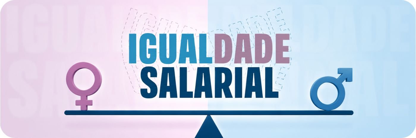 Arte em banner com balança, símbolos feminino e masculino e o texto igualdade salarial ao centro