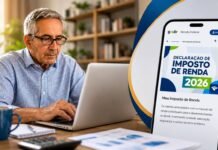Aposentados e pessoas com doenças graves podem pagar menos IR em 2026 Aposentado consulta declaração do Imposto de Renda 2026 em ambiente doméstico com notebook e celular