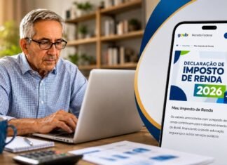 Aposentados e pessoas com doenças graves podem pagar menos IR em 2026 Aposentado consulta declaração do Imposto de Renda 2026 em ambiente doméstico com notebook e celular
