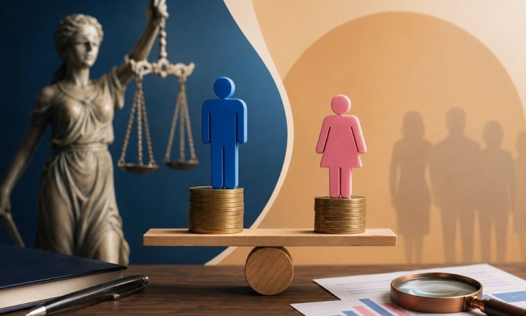 Representação visual da Lei da Igualdade Salarial com símbolos de justiça, moedas e figuras masculina e feminina sobre uma balança