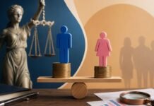 STF valida lei que cobra salários iguais entre homens e mulheres Representação visual da Lei da Igualdade Salarial com símbolos de justiça, moedas e figuras masculina e feminina sobre uma balança