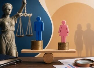 STF valida lei que cobra salários iguais entre homens e mulheres Representação visual da Lei da Igualdade Salarial com símbolos de justiça, moedas e figuras masculina e feminina sobre uma balança