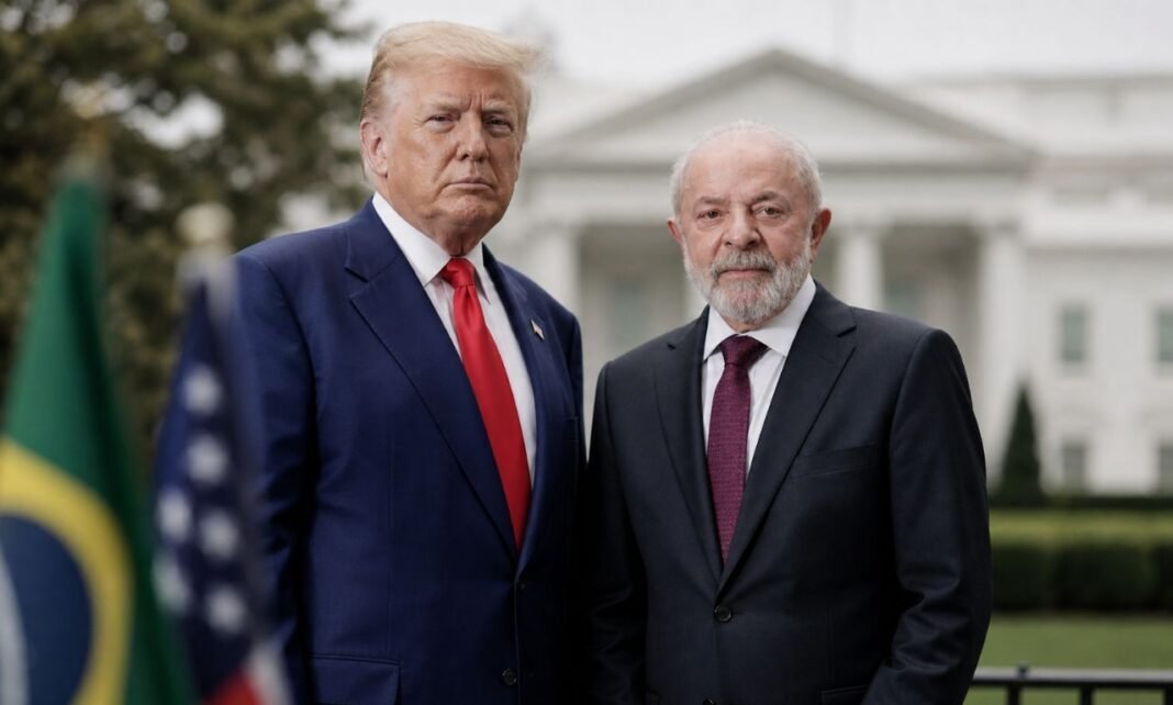 Lula e Trump em cena diplomática na Casa Branca com bandeiras do Brasil e dos Estados Unidos