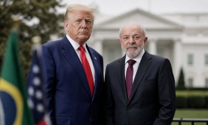 Lula e Trump em reunião diplomática na Casa Branca Lula e Trump em cena diplomática na Casa Branca com bandeiras do Brasil e dos Estados Unidos