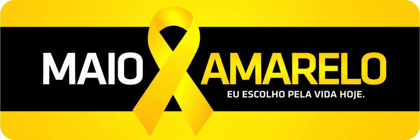 Banner do Maio Amarelo com laço amarelo e mensagem de conscientização pela vida no trânsito