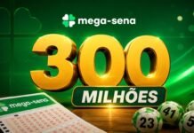 Sorteio especial da Mega-Sena pode pagar R$ 300 milhões sem acumular Mega-Sena de R$ 300 milhões em arte horizontal com bilhete, bolas numeradas e destaque para prêmio especial